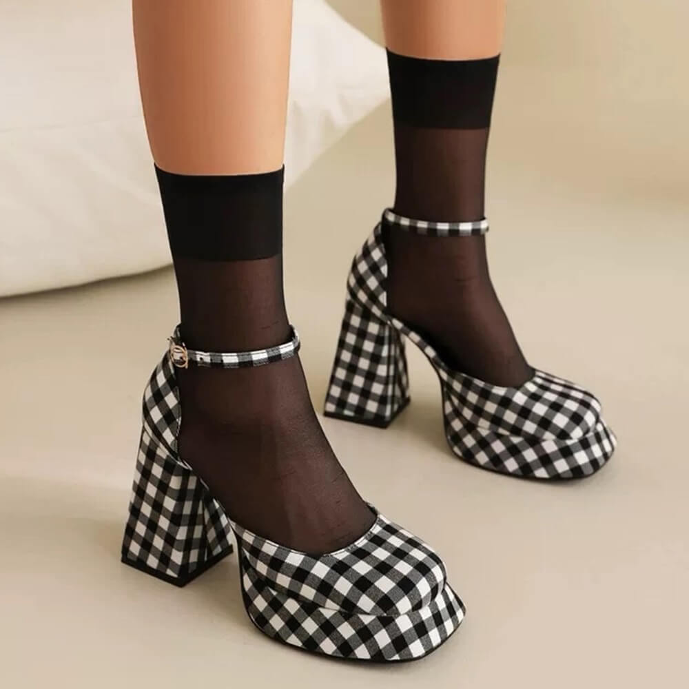 BLACK AND WHITE CHECKERED PLATFORM HEELS FOR WOMEN
