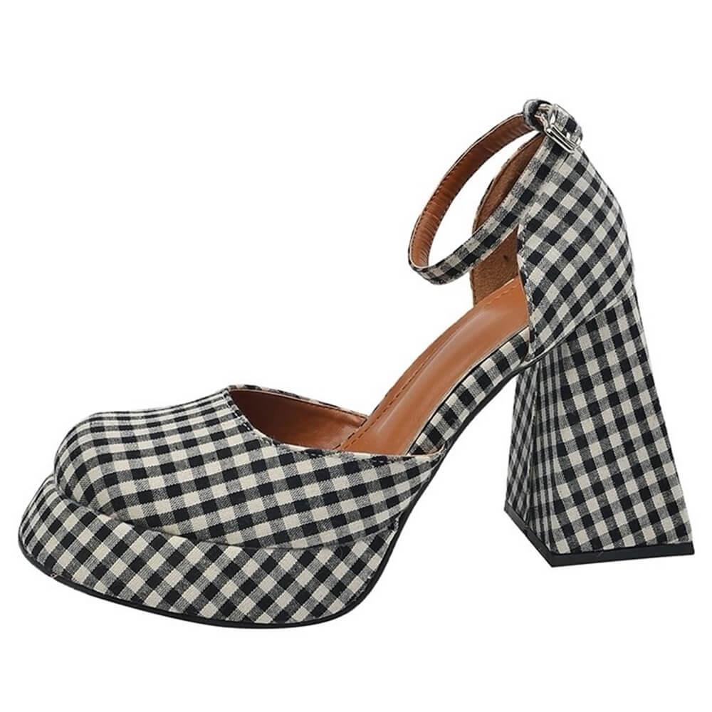BLACK AND WHITE CHECKERED PLATFORM HEELS FOR WOMEN