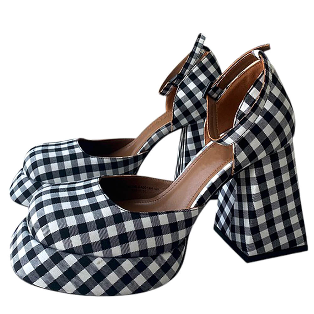 BLACK AND WHITE CHECKERED PLATFORM HEELS FOR WOMEN
