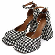 BLACK AND WHITE CHECKERED PLATFORM HEELS FOR WOMEN