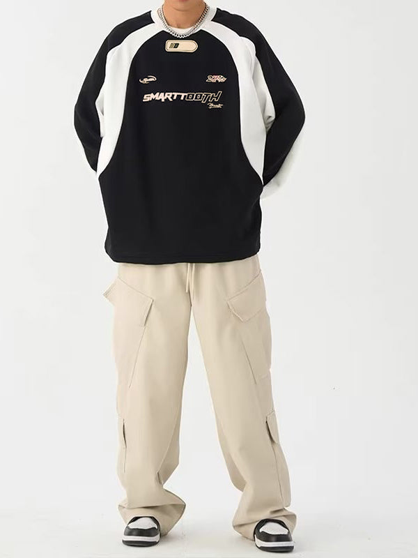 BLACK AND WHITE GRAPHIC SWEATSHIRT LOOSE FIT ROUND NECK