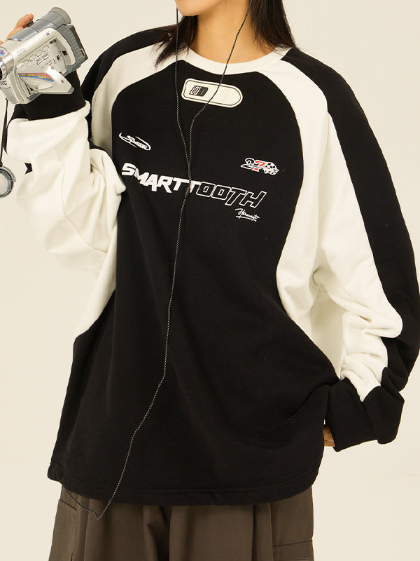 BLACK AND WHITE RAGLAN SWEATSHIRT VINTAGE LOOSE FIT