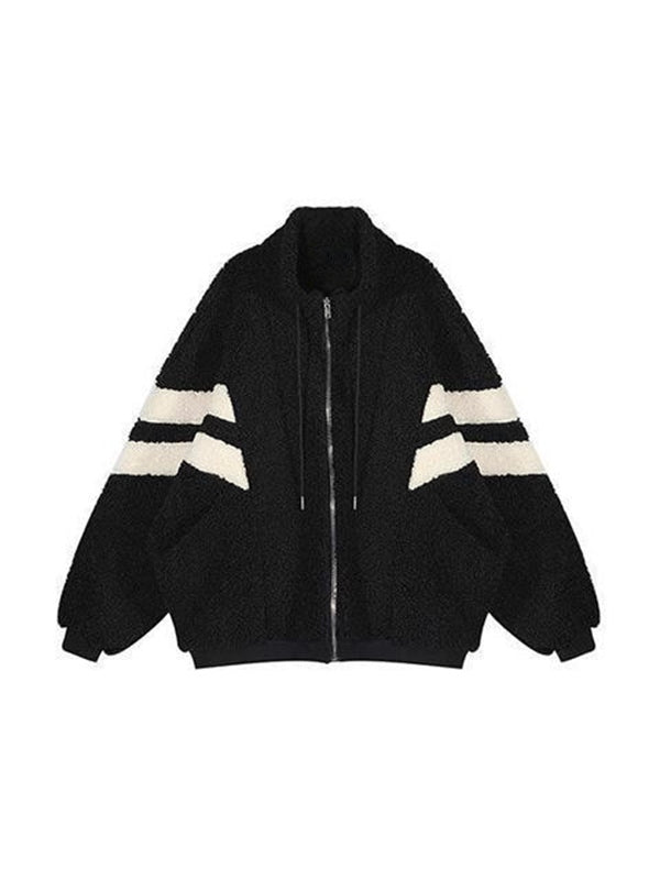 BLACK AND WHITE STRIPED ZIP-UP JACKET VINTAGE LOOSE FIT