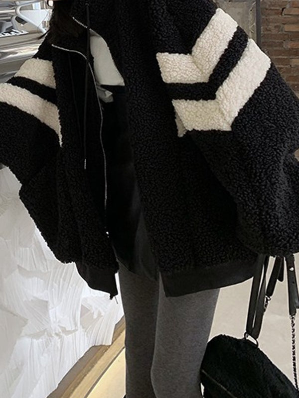 BLACK AND WHITE STRIPED ZIP-UP JACKET VINTAGE LOOSE FIT