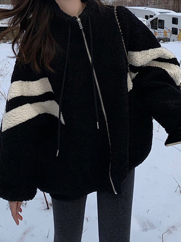 BLACK AND WHITE STRIPED ZIP-UP JACKET VINTAGE LOOSE FIT