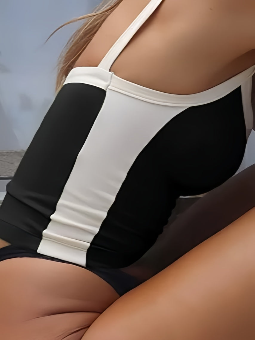 BLACK AND WHITE TANK TOP WITH GREEN CONTRAST DESIGN