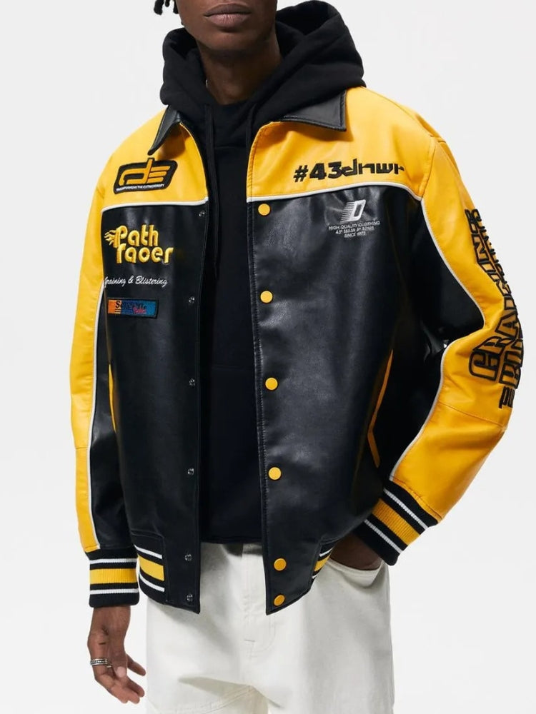 BLACK AND YELLOW RACING JACKET LEATHER MOTORCYCLE JACKET