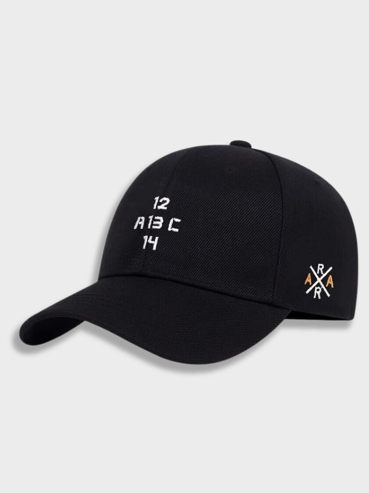 BLACK BASEBALL CAP WITH EMBROIDERED DESIGN AND ADJUSTABLE STRAP