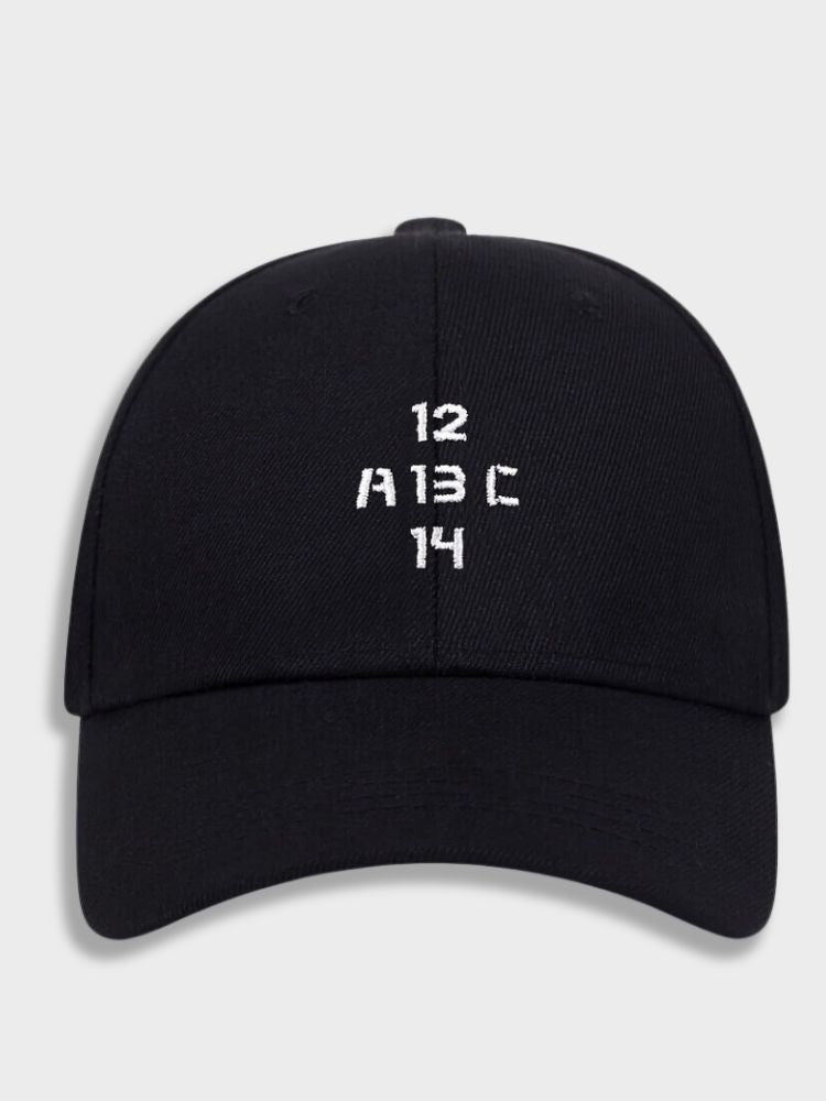 BLACK BASEBALL CAP WITH EMBROIDERED DESIGN AND ADJUSTABLE STRAP