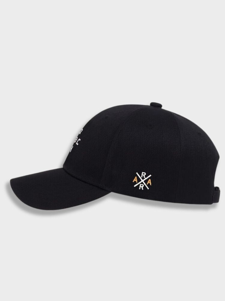 BLACK BASEBALL CAP WITH EMBROIDERED DESIGN AND ADJUSTABLE STRAP