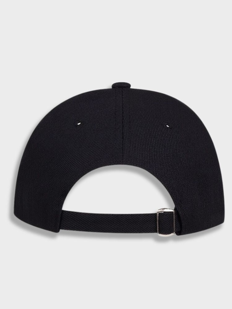 BLACK BASEBALL CAP WITH EMBROIDERED DESIGN AND ADJUSTABLE STRAP