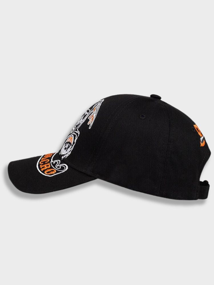 BLACK BASEBALL CAP WITH GRIM REAPER DESIGN ADJUSTABLE CAP EMBROIDERED LOGO