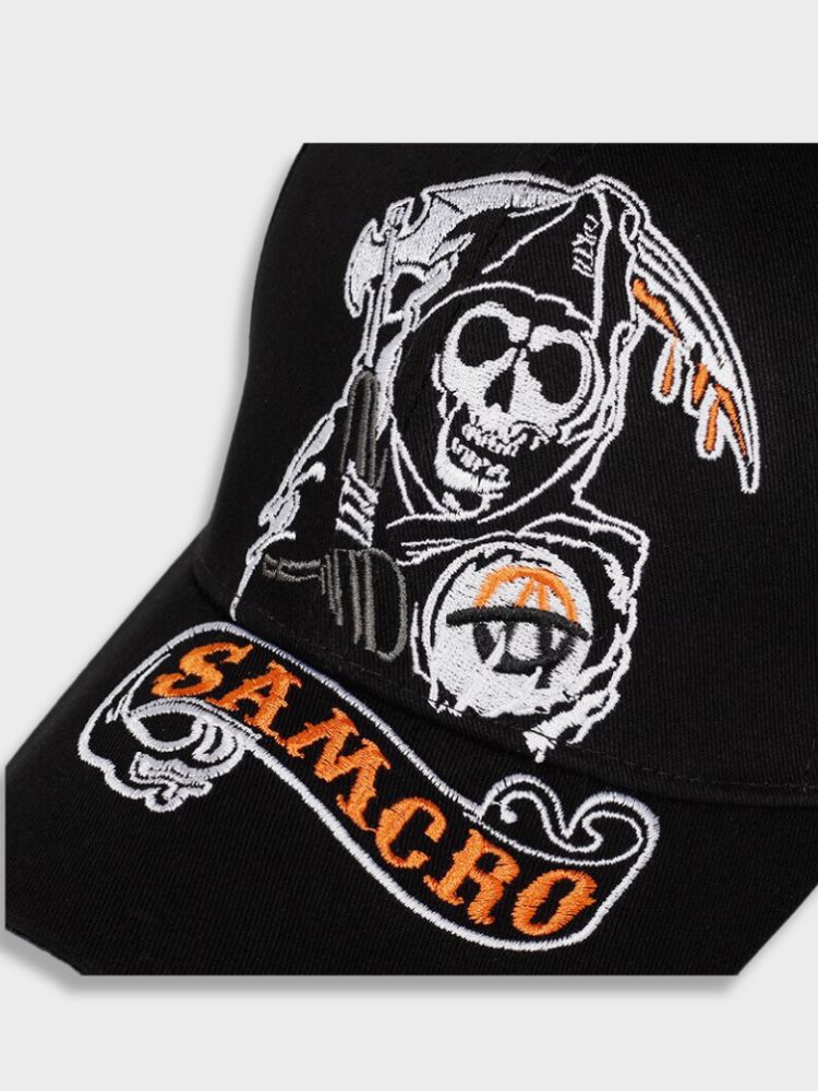 BLACK BASEBALL CAP WITH GRIM REAPER DESIGN ADJUSTABLE CAP EMBROIDERED LOGO