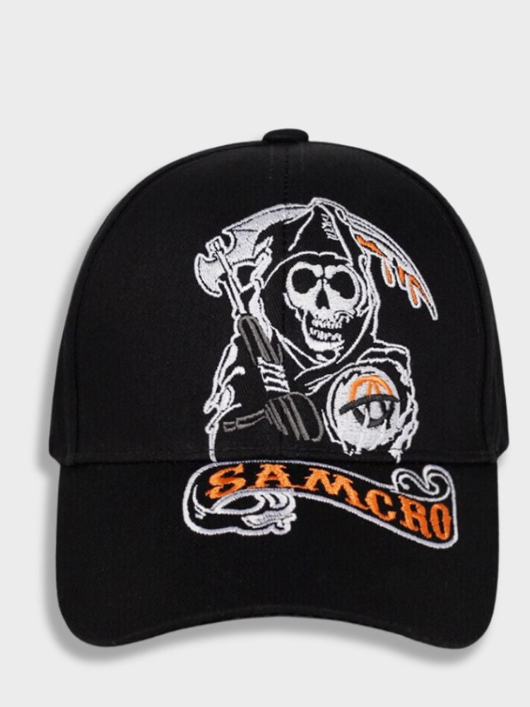 BLACK BASEBALL CAP WITH GRIM REAPER DESIGN ADJUSTABLE CAP EMBROIDERED LOGO