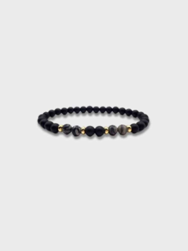 BLACK BEADED BRACELET WITH GOLD ACCENTS - NATURE STONE BRACELET