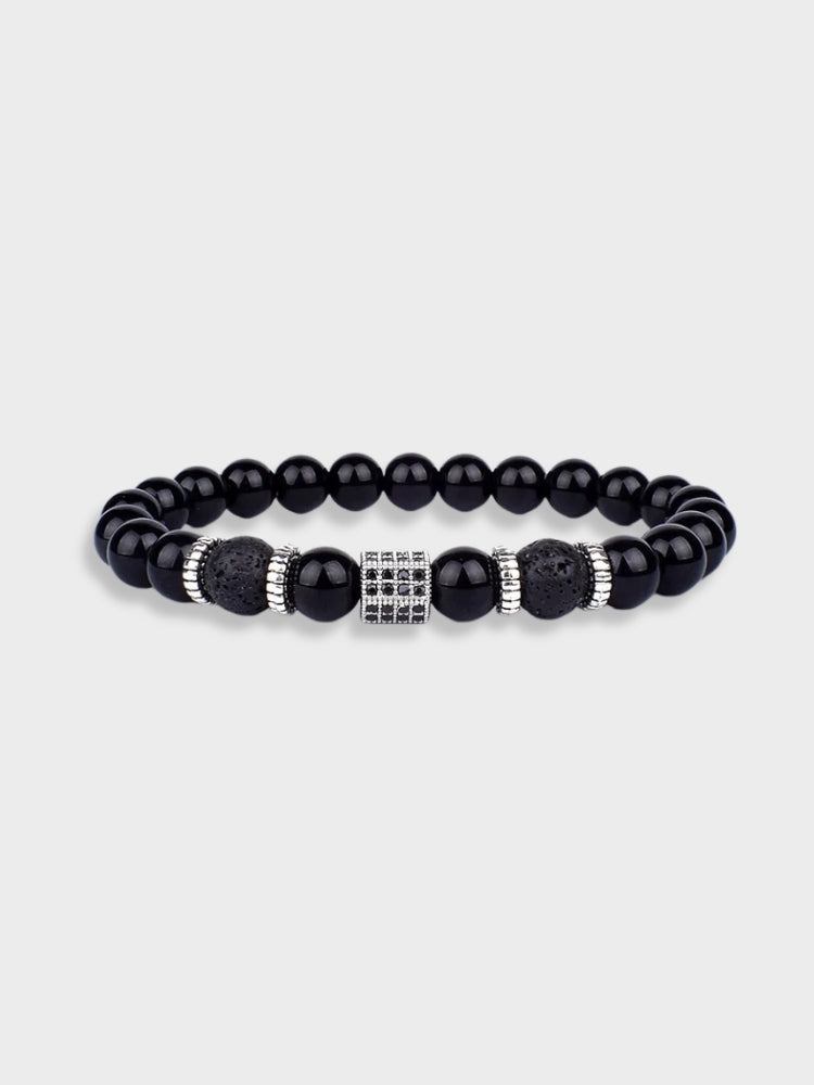 BLACK BEADED BRACELET WITH GOLD ACCENTS - NATURE STONE BRACELET