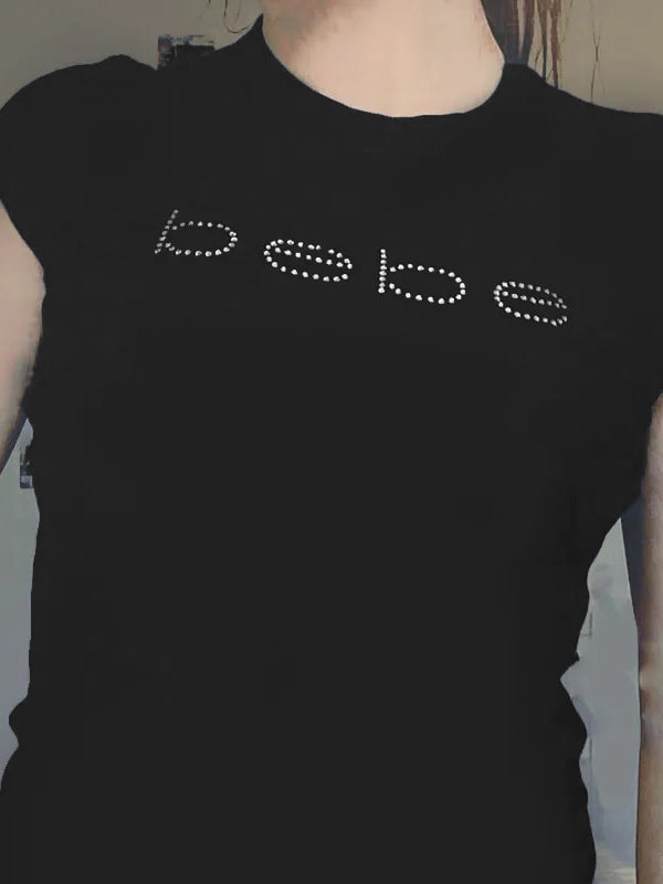 BLACK BEBE T-SHIRT WITH LETTER RHINESTONE PRINT
