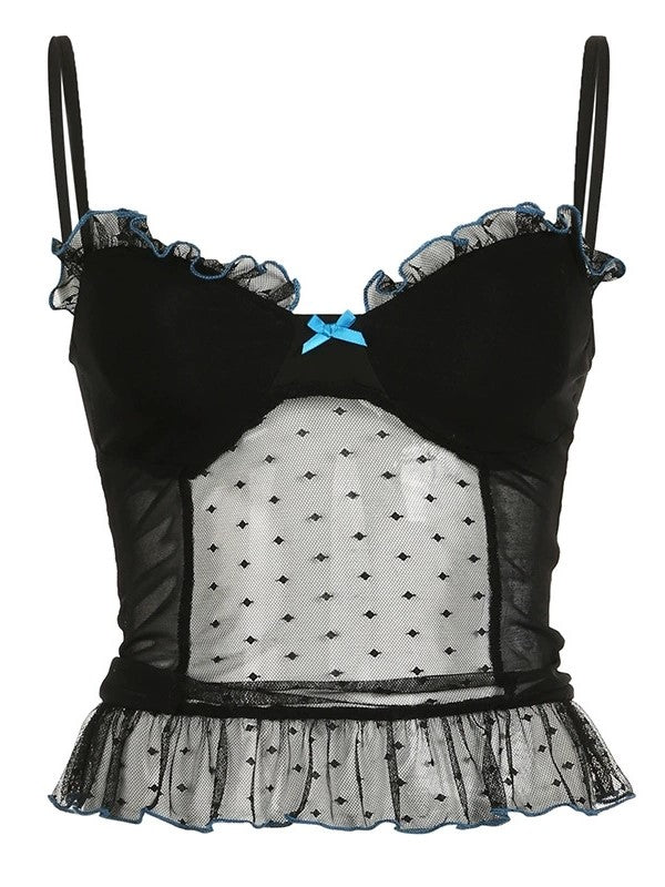BLACK BUSTIER TOP WITH BLUE ACCENTS AND DOT PATCHWORK SHEER DESIGN