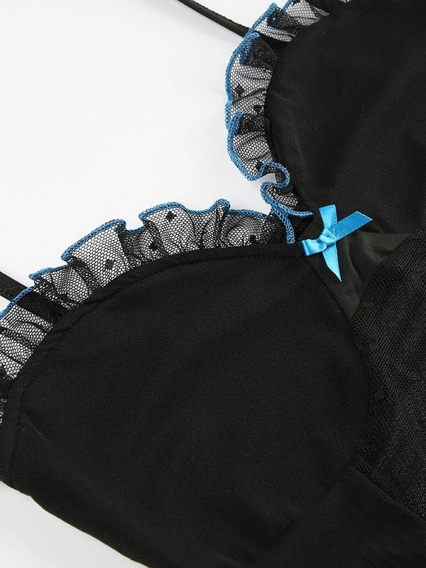 BLACK BUSTIER TOP WITH BLUE ACCENTS AND DOT PATCHWORK SHEER DESIGN