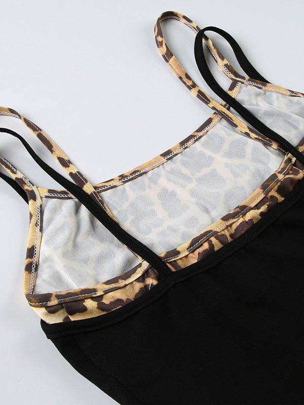 BLACK CAMISOLE WITH LEOPARD PRINT TRIM SLIM FIT Y2K ROUND NECK