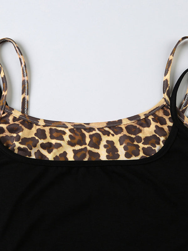 BLACK CAMISOLE WITH LEOPARD PRINT TRIM SLIM FIT Y2K ROUND NECK