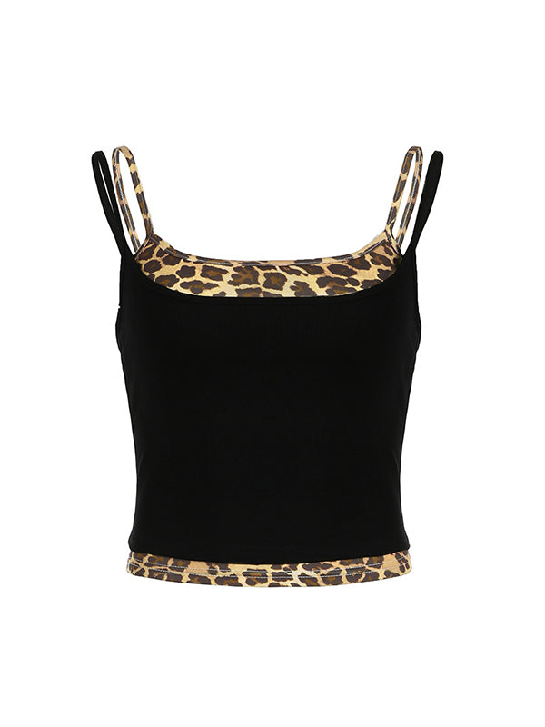 BLACK CAMISOLE WITH LEOPARD PRINT TRIM SLIM FIT Y2K ROUND NECK