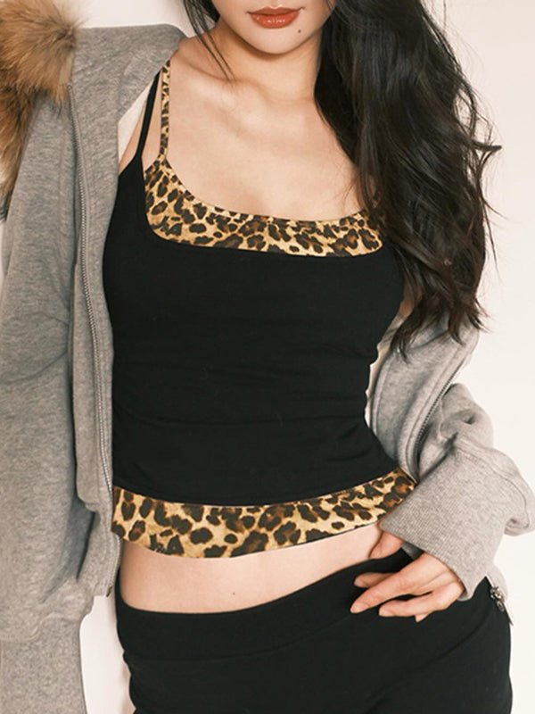 BLACK CAMISOLE WITH LEOPARD TRIM - COTTON SLIM FIT, ROUND NECK