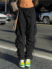 BLACK CARGO PANTS WITH DRAWSTRING Y2K VINTAGE STYLE