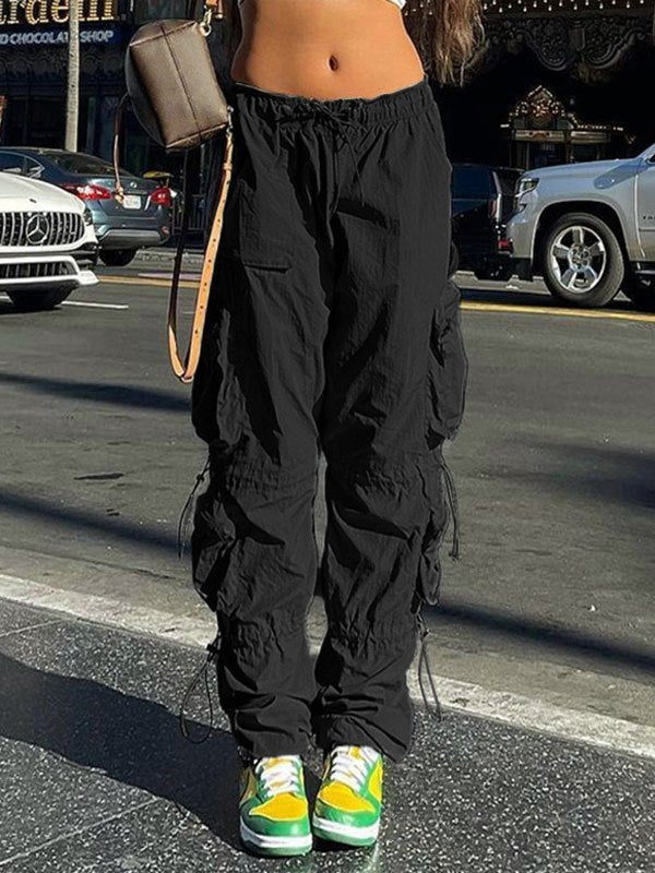 BLACK CARGO PANTS WITH DRAWSTRING Y2K VINTAGE STYLE