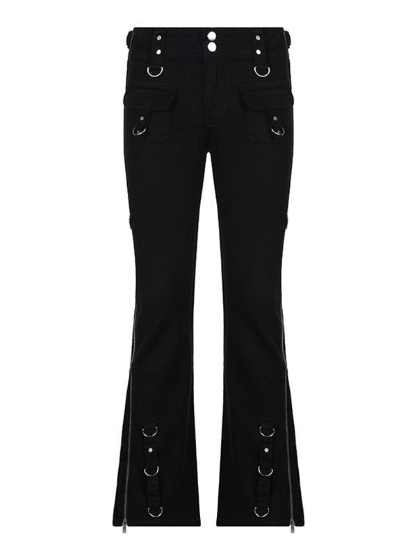 BLACK CARGO PANTS WITH METAL HARDWARE LOW WAIST FLARED TROUSERS