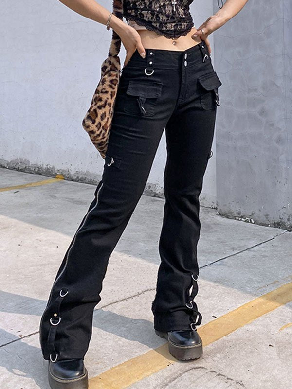 BLACK CARGO PANTS WITH METAL HARDWARE LOW WAIST FLARED TROUSERS