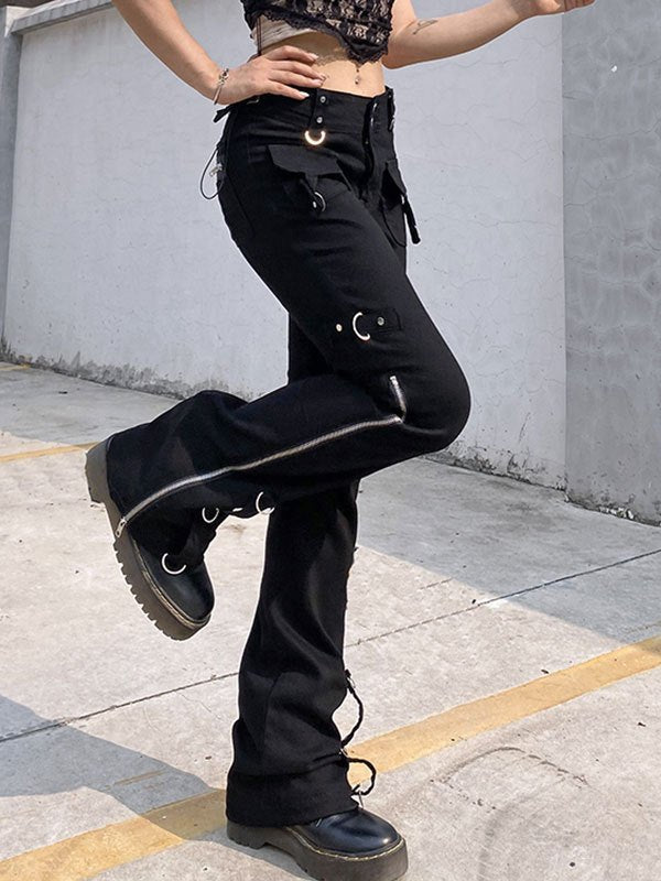 BLACK CARGO PANTS WITH METAL HARDWARE LOW WAIST FLARED TROUSERS