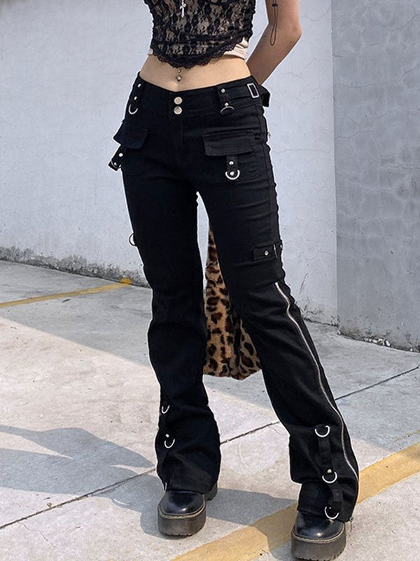 BLACK CARGO PANTS WITH METAL HARDWARE LOW WAIST FLARED TROUSERS