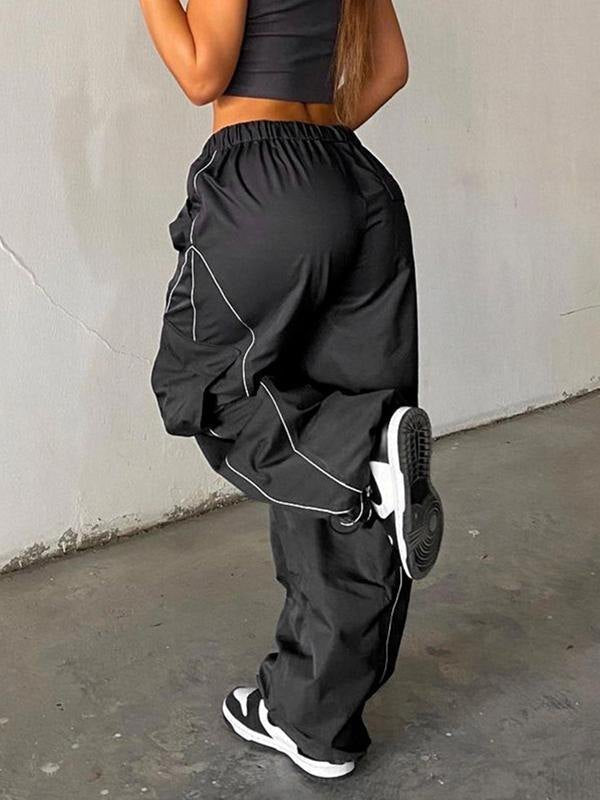 BLACK CARGO PANTS WITH WHITE TRIM - BLACK PARACHUTE PANTS