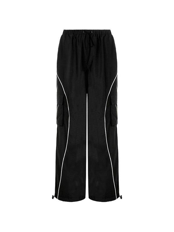 BLACK CARGO PANTS WITH WHITE TRIM - BLACK PARACHUTE PANTS