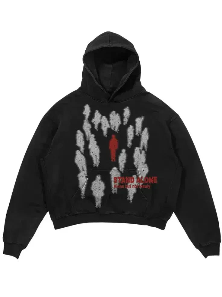 BLACK CARTOON HOODIE WITH CROWD GRAPHIC FOR SEASON LONG WEAR