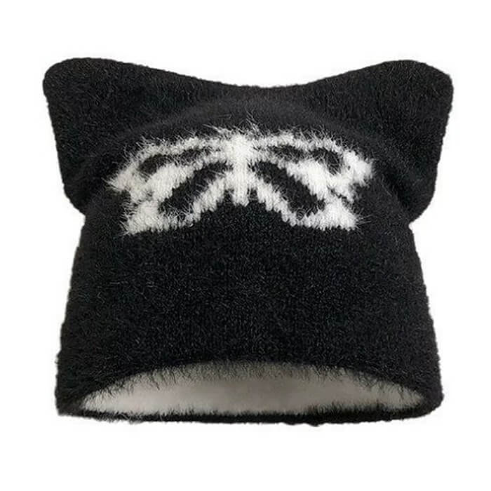 BLACK CAT EARS HAT WITH BOW - PRINT CAT EARS