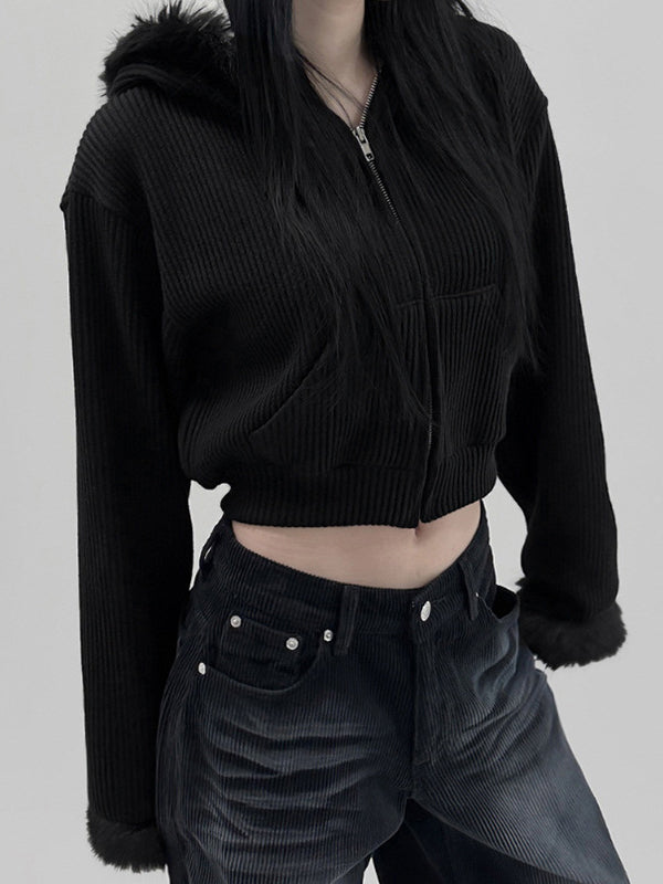 BLACK CORDUROY HOODED CROP JACKET WITH FUR TRIM LOOSE FIT ZIPPER
