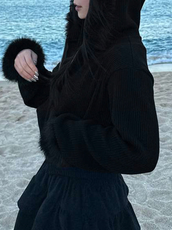 BLACK CORDUROY HOODED CROP JACKET WITH FUR TRIM LOOSE FIT ZIPPER