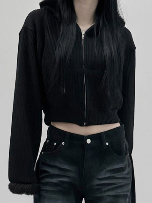 BLACK CORDUROY HOODED CROP JACKET WITH FUR TRIM LOOSE FIT ZIPPER