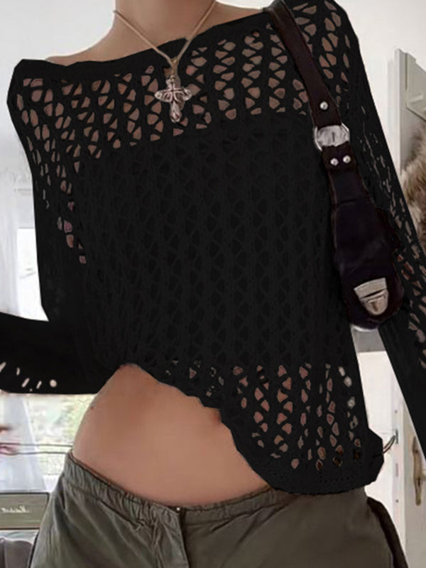 BLACK CROCHETED CROP TOP WITH SEXY HOLLOW CROCHET DETAILS