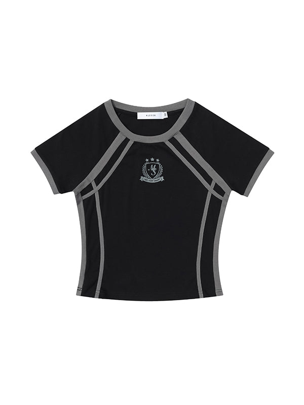 BLACK CROP TOP WITH GRAY TRIM - RAGLAN SHORT SLEEVE DESIGN