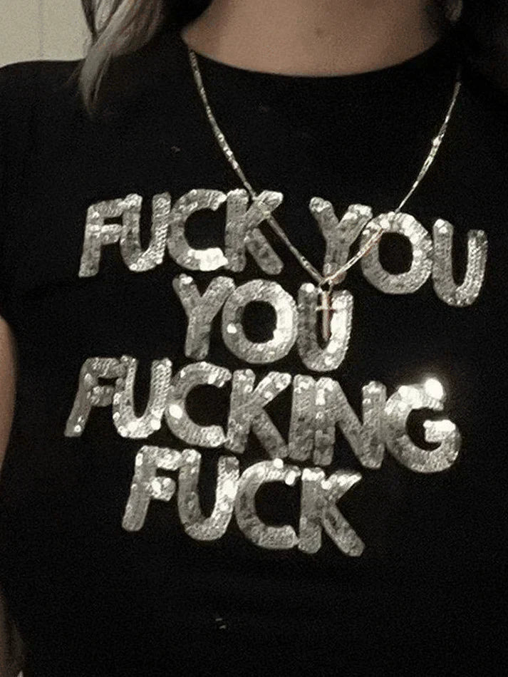 BLACK CROP TOP WITH OFFENSIVE TEXT AND SPARKLING SEQUIN DETAIL