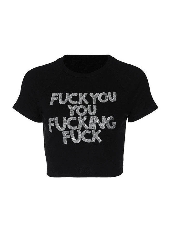 BLACK CROP TOP WITH OFFENSIVE TEXT AND SPARKLING SEQUIN DETAIL