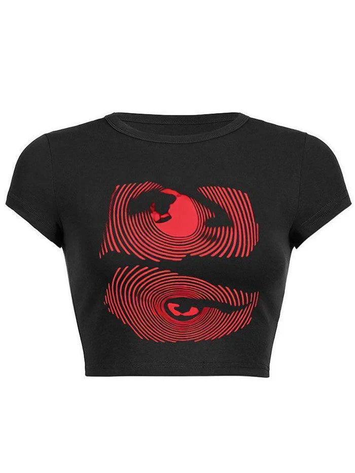 BLACK CROP TOP WITH RED EYE DESIGN - Y2K EYE PRINT GRAPHIC