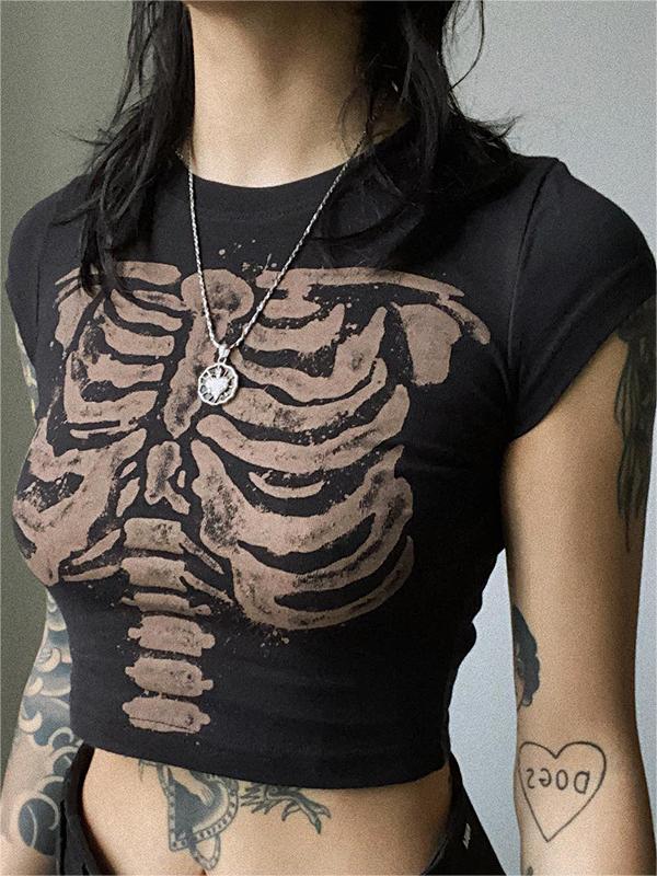 BLACK CROP TOP WITH SKELETON PRINT - VINTAGE SHORT SLEEVE DESIGN