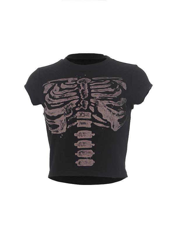 BLACK CROP TOP WITH SKELETON PRINT - VINTAGE SHORT SLEEVE DESIGN