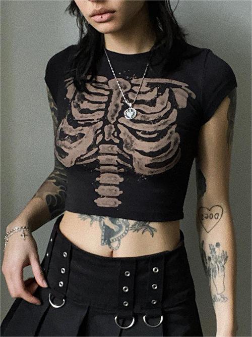 BLACK CROP TOP WITH SKELETON PRINT - VINTAGE SHORT SLEEVE DESIGN