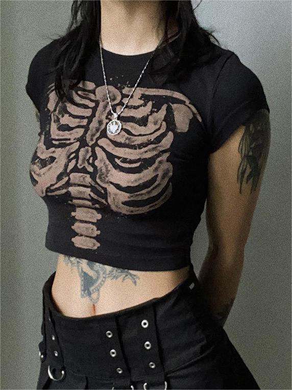 BLACK CROP TOP WITH SKELETON PRINT - VINTAGE SHORT SLEEVE DESIGN