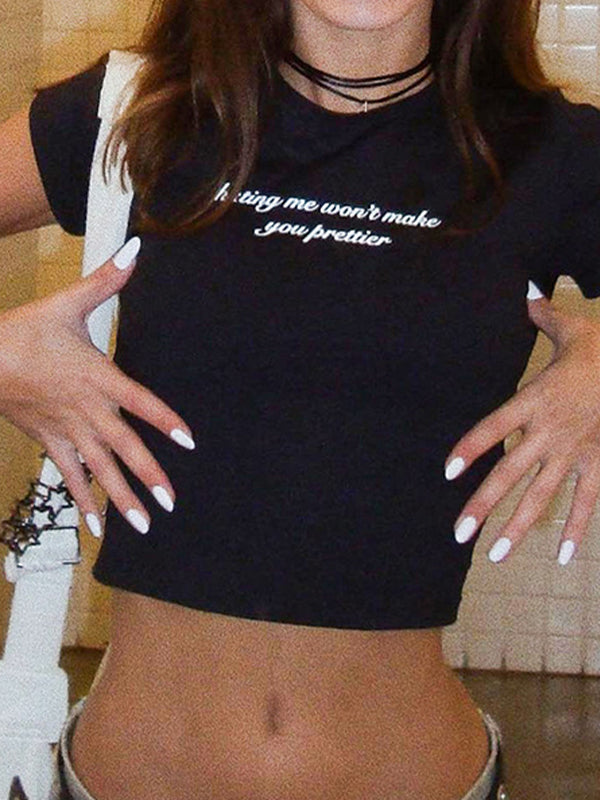 BLACK CROP TOP WITH TEXT - LACE SPLICED SHORT DESIGN
